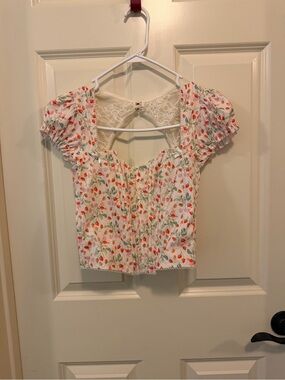 Victoria’s Secret Lace-Back Corset Short Sleeve Top - White with Red Floral